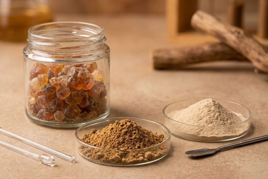 Gum arabic crystals and powders
