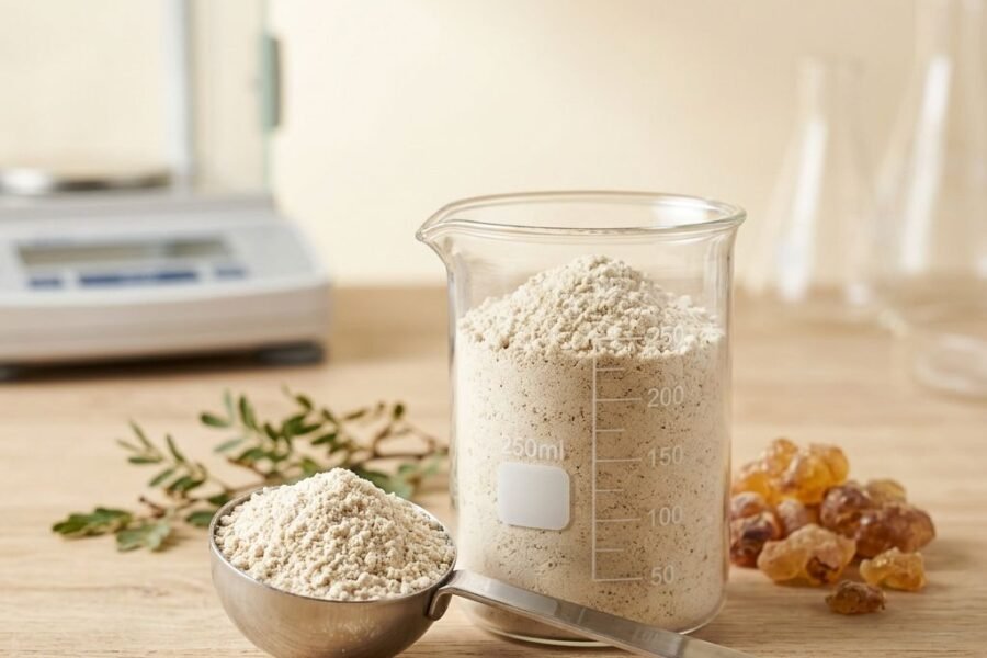 Weighing a gum arabic powder sample