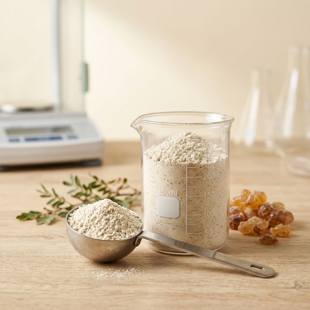 Weighing a gum arabic powder sample